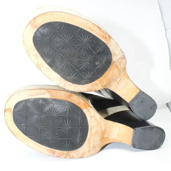 Taryn by Taryn Rose Size 9 Black Leather Linen Platform Wedge Peep Toe Heels - Picture 10 of 11